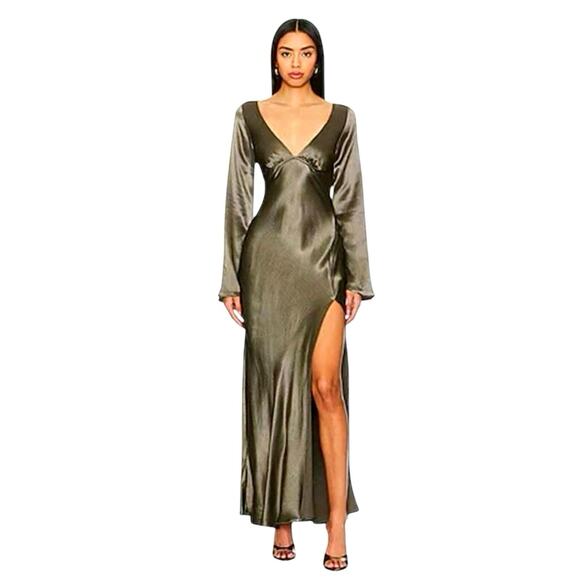 Bec + Bridge Ren Satin V-Neck Long Sleeve Maxi Dress NWT Dark Willow Size US 6 - Picture 1 of 8